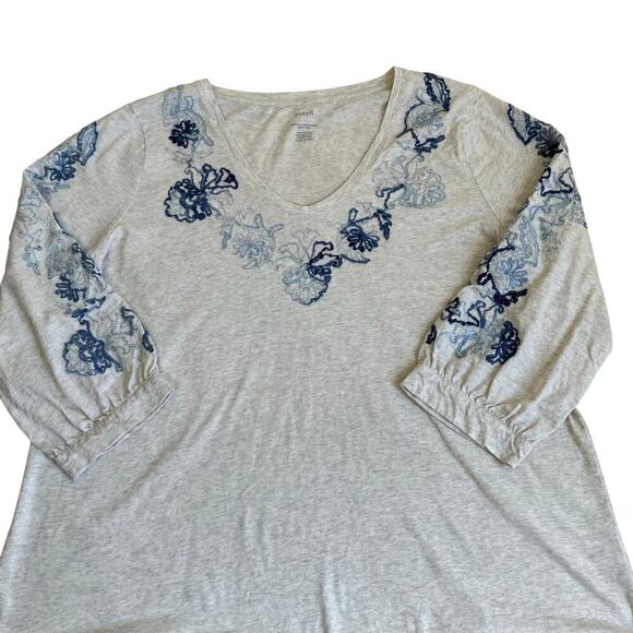 J. Jill PureJill Embroidered Jersey Top Cream Blue Puff Sleeve Peasant Blouse - Picture 11 of 16